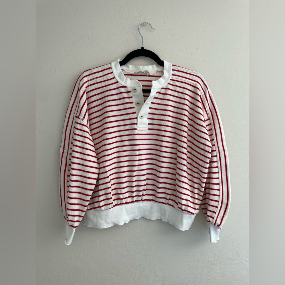 NWOT Stripped Young Ruffle Relaxed Fleece Sweatshirt with Henley Detail